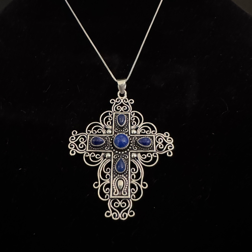 Elegant sterling Silver and lapis‎ lazuli Cross Pendant - Picture 4 of 5
